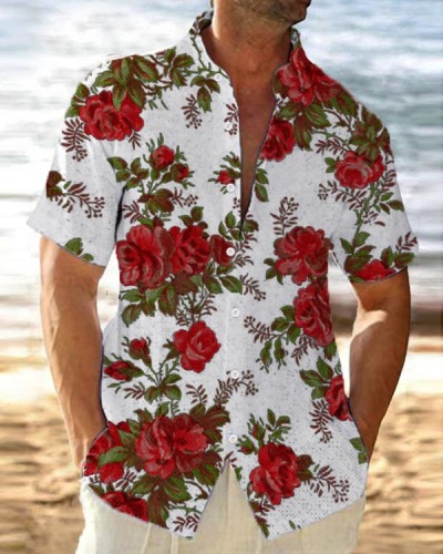 Men's Floral Stand Collar Loose Short Sleeve Shirt