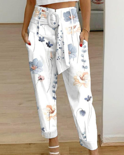 Women's Elegant Print Casual Pants with Belt