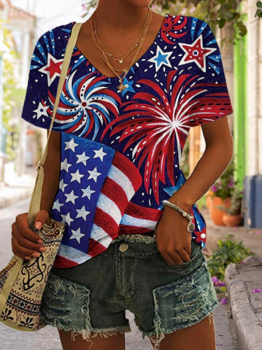 Women's American Flag and Fireworks Print Short Sleeve T-Shirt