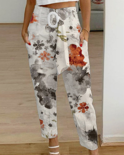 Women's Art Print Casual Pants with Belt