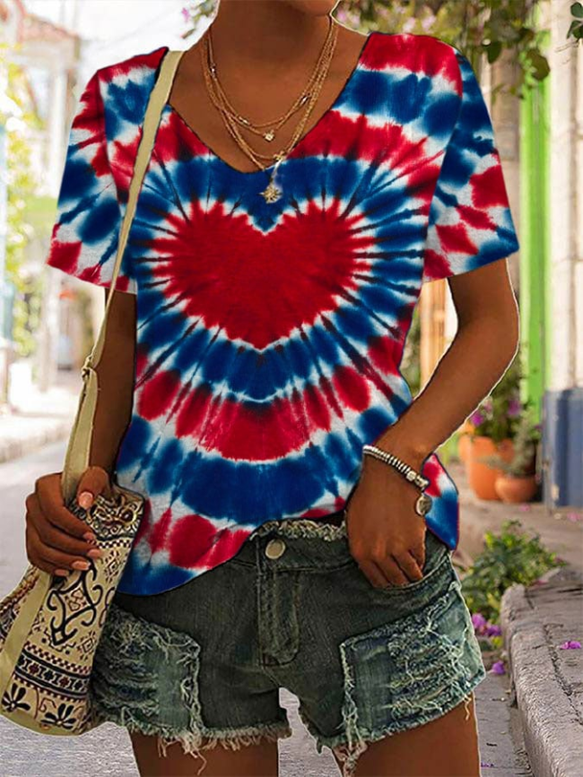 Women's Independence Day Red And Blue Tie-dye Love Print V-neck T-shirt