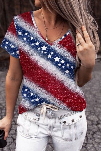 American Flag Striped V Neck Shift Casual T-Shirts