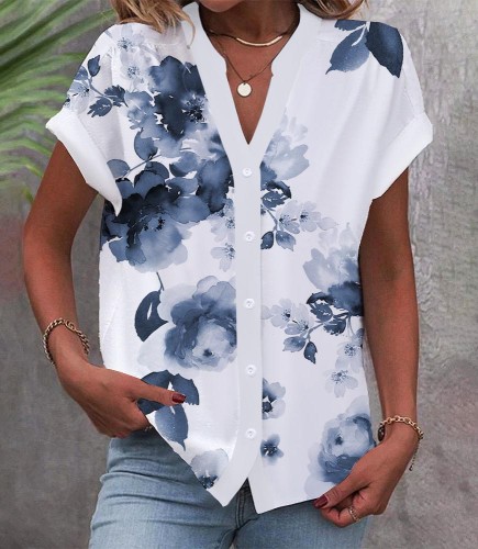 Ladies Shirt Button Ink Print Short Sleeve Casual Top