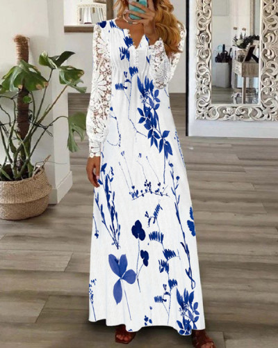 Women's Elegant Print Lace Sleeve Long Dress