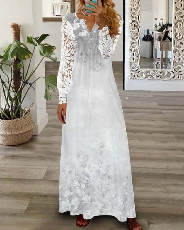 Women's Elegant Print Lace Sleeve Casual Dress