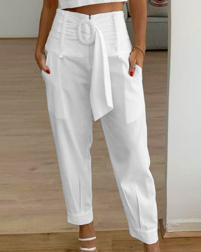 Women's Solid Color Casual Pants with Belt
