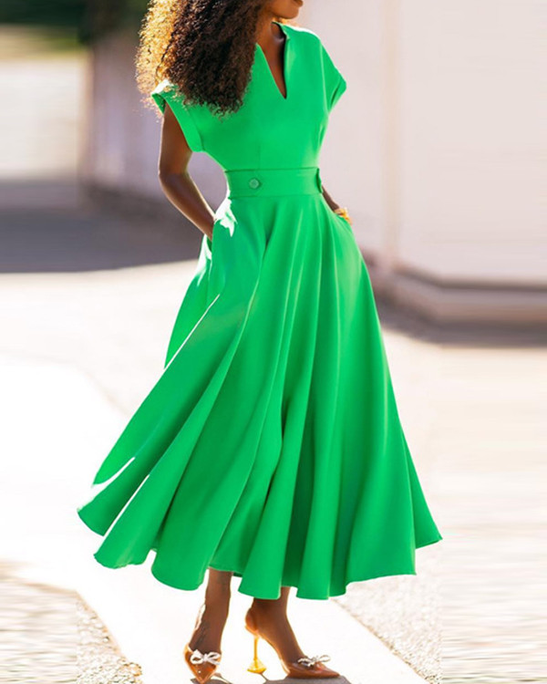 Women's Elegant Solid V-neck Long Dress