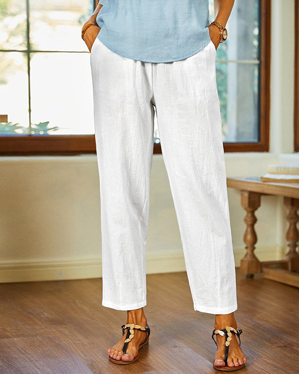 Women's White Casual Pants with Pockets