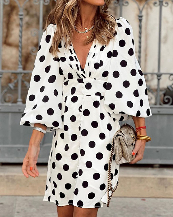 Women's Polka Dot Print V-neck Lantern Sleeve Mini Dress