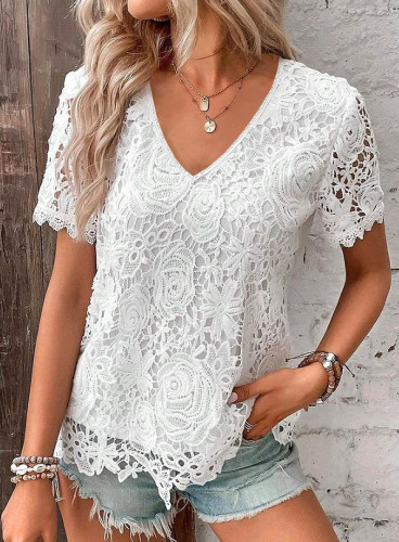 Lace trim V-neck loose pullover top