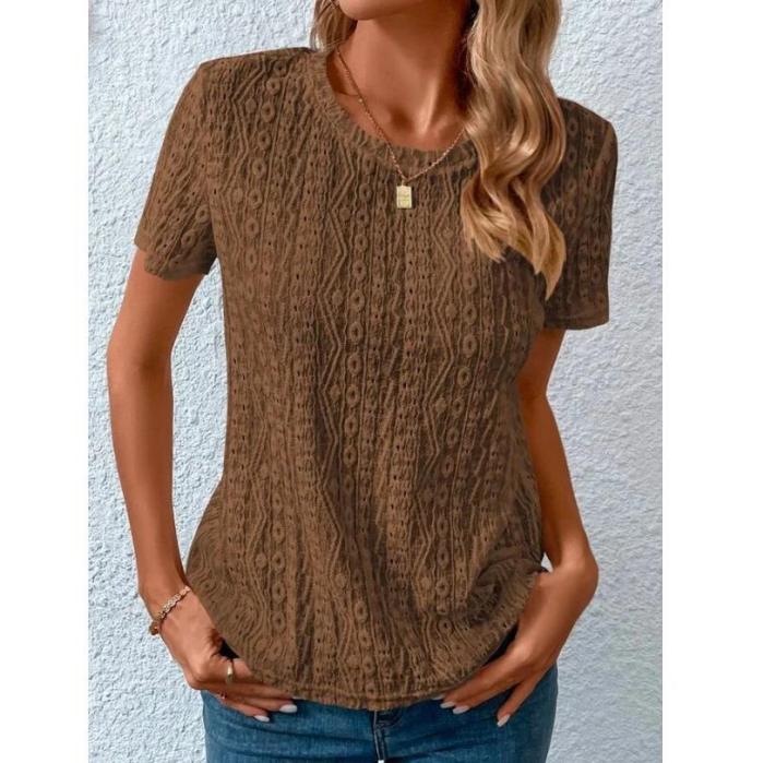 Round Neck Solid Color Casual Hollow Short-sleeved Top