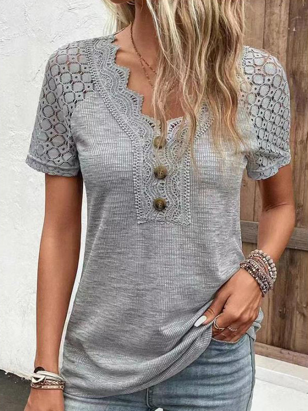 Lace Trim V Neck Loose Button Top