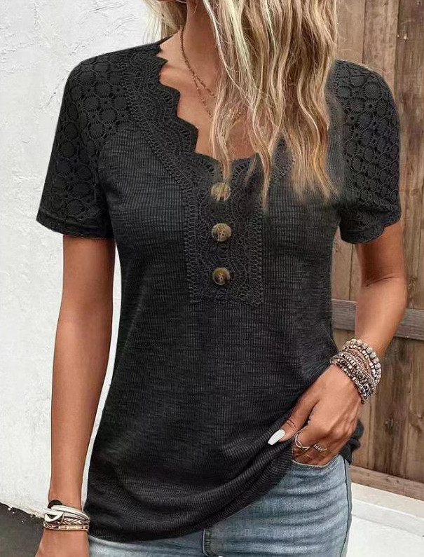 Lace Trim V Neck Loose Button Top