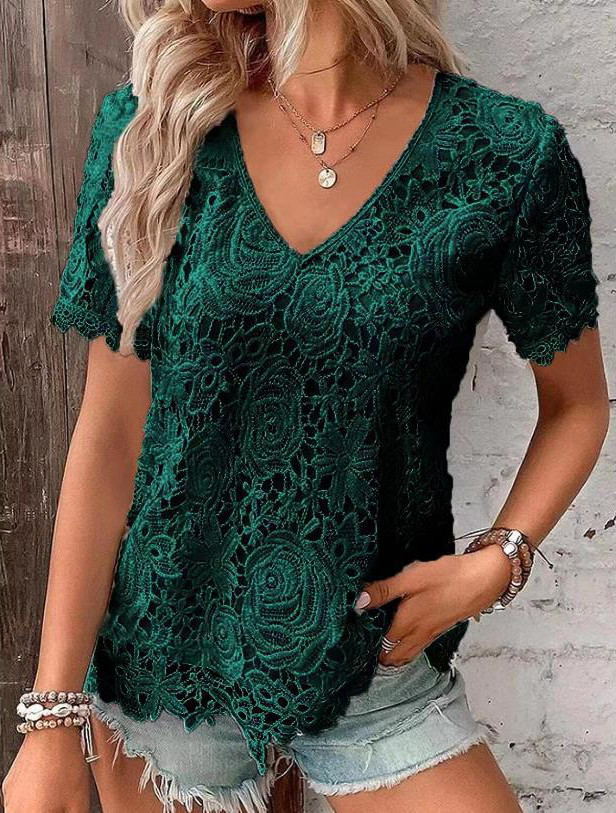 Lace trim V-neck loose pullover top