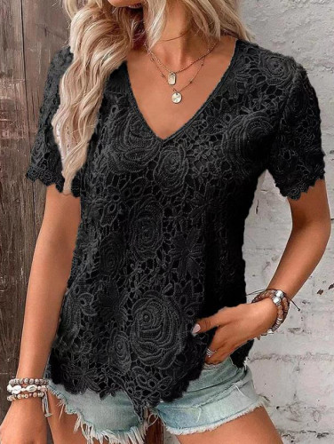Lace trim V-neck loose pullover top