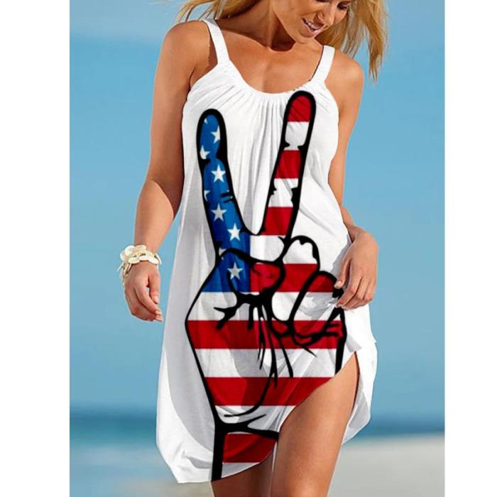 Midi Strap Dress Women Fashion Sleeveless Stripe Bohemian Beach Dresses Sexy Party Evening Loose Large USA Flag Dress Sundress