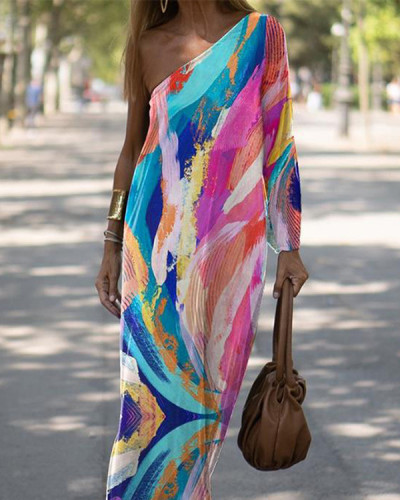 Painted Print Elegant Slanted Collar One-sleeve Beach Dress