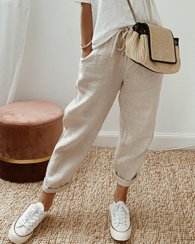 Cotton and Linen Solid Color Casual Pants