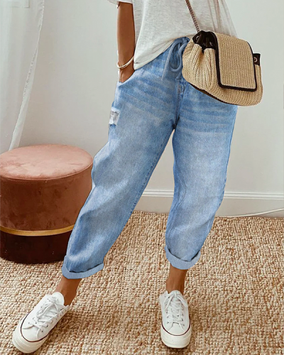 Women's Solid Color Casual Pants Ripped Jeans