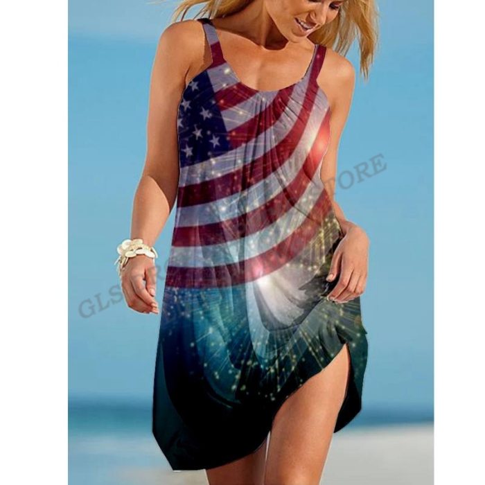 Midi Strap Dress Women Fashion Sleeveless Stripe Bohemian Beach Dresses Sexy Party Evening Loose Large USA Flag Dress Sundress