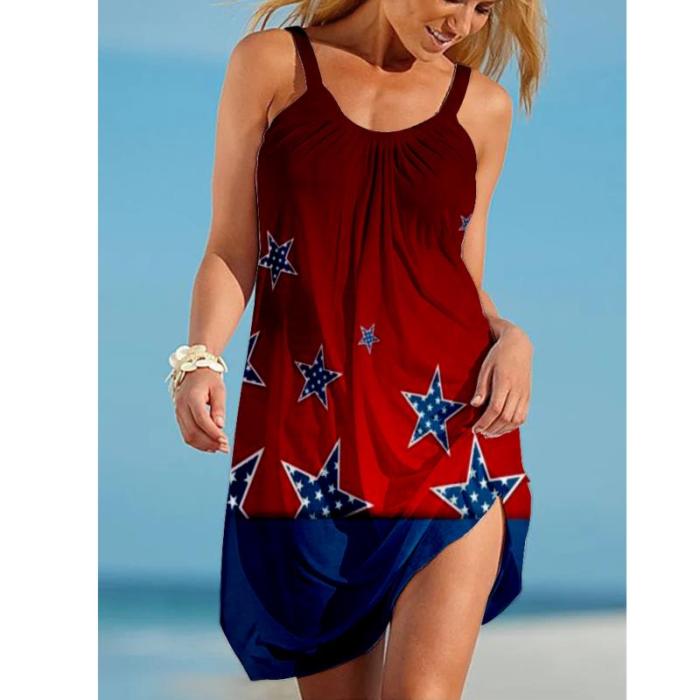 Midi Strap Dress Women Fashion Sleeveless Stripe Bohemian Beach Dresses Sexy Party Evening Loose Large USA Flag Dress Sundress