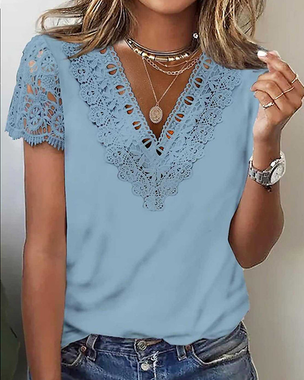 Women's Lace V Neck Short Sleeve Casual T-shirt