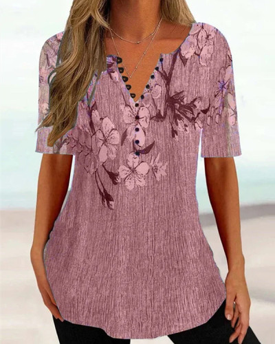 Women's Flower Print V-neck Short Sleeve T-shirt Casual Top