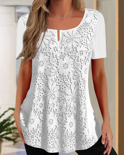 Women's Lace Round Neck Short Sleeve Casual T-shirt Top