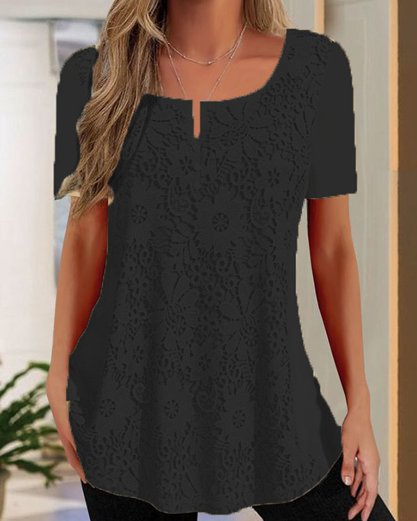 Women's Lace Round Neck Short Sleeve Casual T-shirt Top