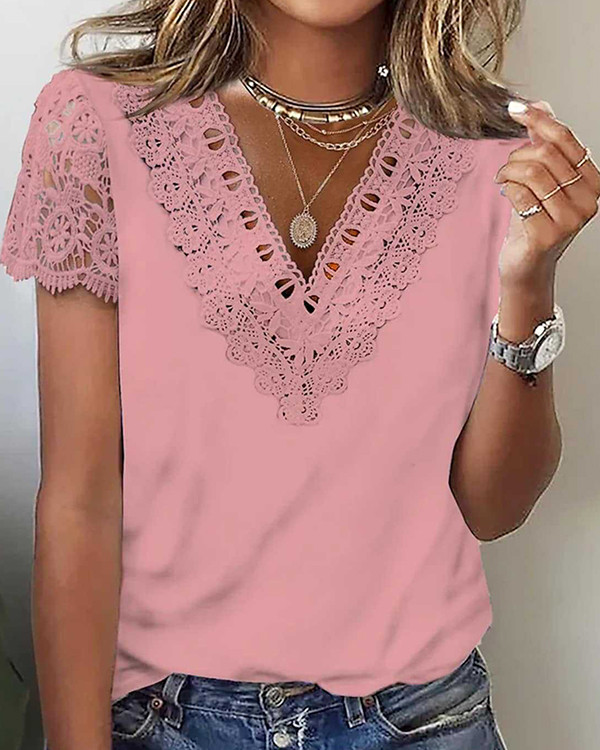 Women's Lace V Neck Short Sleeve Casual T-shirt