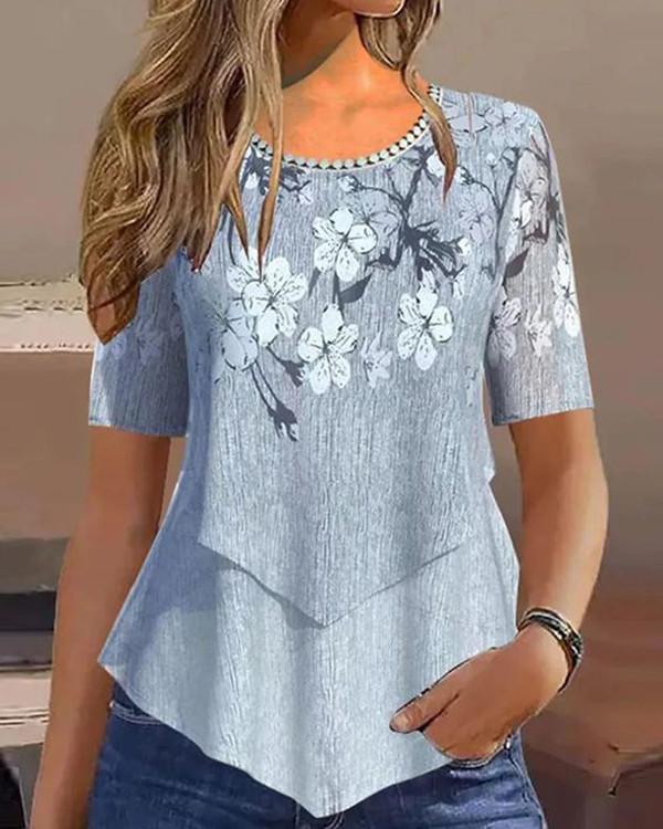 Women's Flower Print Round Neck Half Sleeve Casual Top