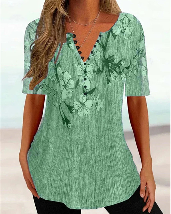 Women's Flower Print V-neck Short Sleeve T-shirt Casual Top