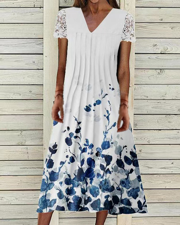 Women's Lace Stitching Flower Print Casual Dress