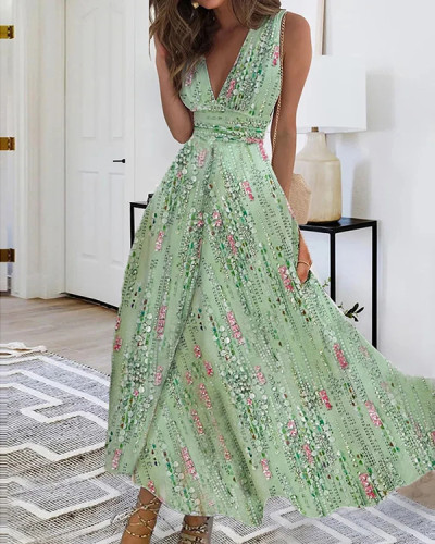 Elegant V Neck Hawaiian Print Casual Dress Long Dress