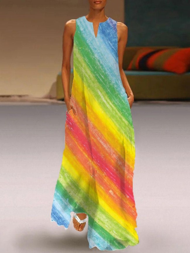 Casual Colorful Rainbow Print Sleeveless Dress