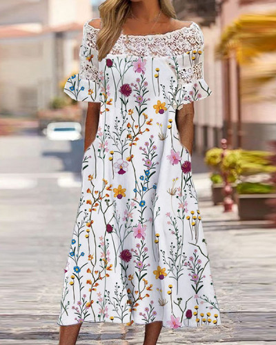 Off Shoulder Lace Sleeve Short Sleeve Floral Dress