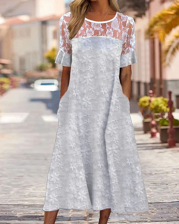 Women's Short Sleeve Lace Panel Printed Casual Dress