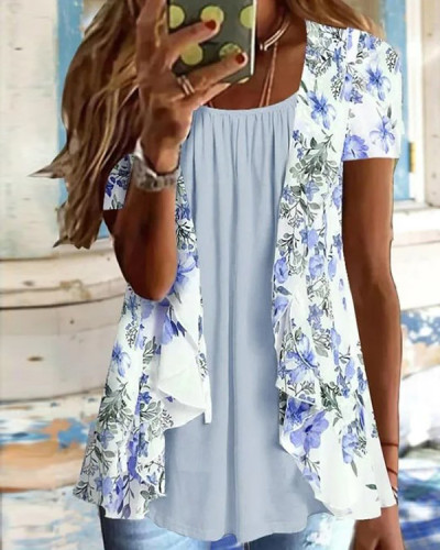 Women's Short Sleeve Floral Casual Fake Two-Piece Top