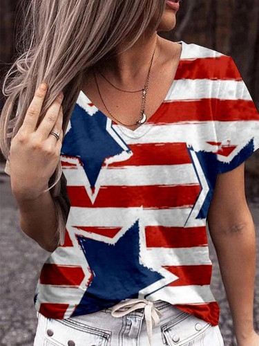 Women's Independence Day American Flag Print Short Sleeve V-Neck T-Shirt