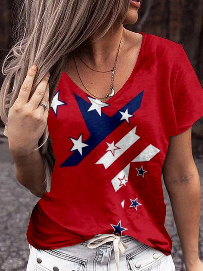 Women's Star Print V-Neck Casual T-Shirt