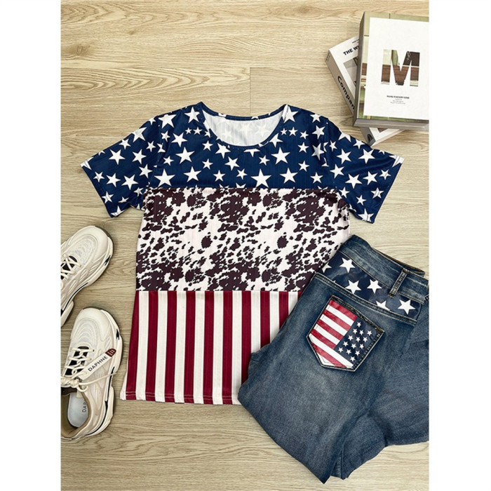 Women American Flag T-Shirt USA Stars Stripes Patriotic Tee Shirts 4th of July Round Neck Short Sleeve Top Tees