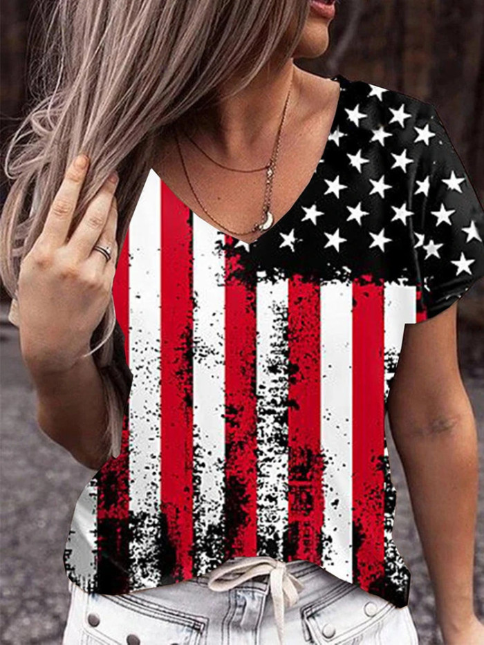 Women's Independence Day American Flag Print Short Sleeve V-Neck T-Shirt