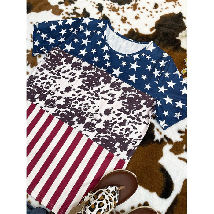 Women American Flag T-Shirt USA Stars Stripes Patriotic Tee Shirts 4th of July Round Neck Short Sleeve Top Tees