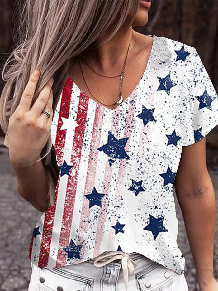 Women's Star Print V-Neck Casual T-Shirt