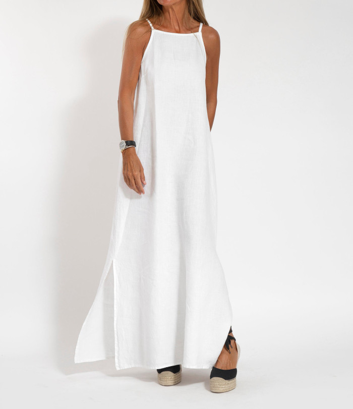 Elegant Solid Color Cotton Linen Sleeveless Long Dress