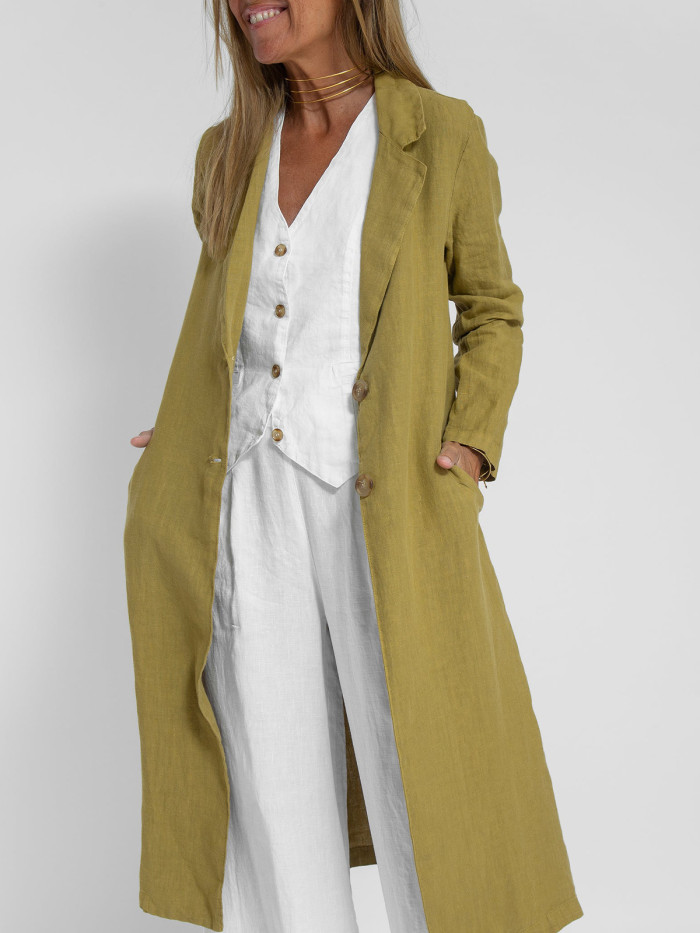 Women Natural/Olive Green Linen Frock Coat