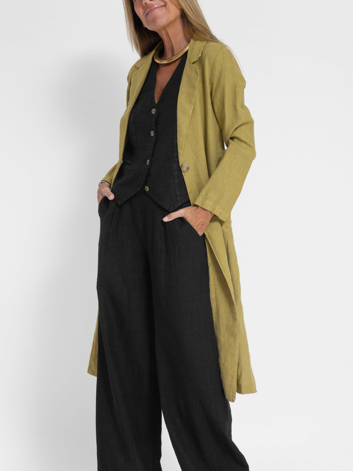 Women Natural/Olive Green Linen Frock Coat