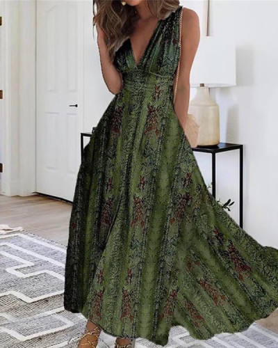 Elegant V Neck Vintage Print Casual Dress Long Dress
