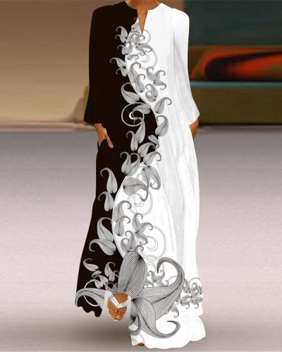Women's Elegant Long Sleeve Flower Print Casual Dress
