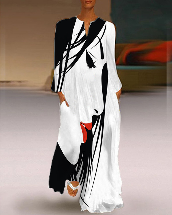 Women's Elegant Long Sleeve Face Print Casual Dress